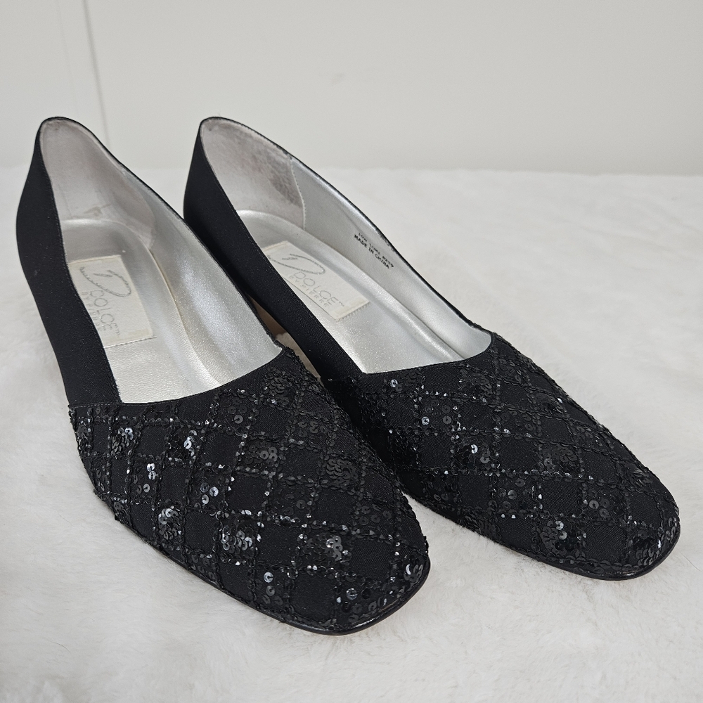 Dolce by Pierre Size 10W Black Sequined Toe Slip On Women's 2" Heeled Shoes